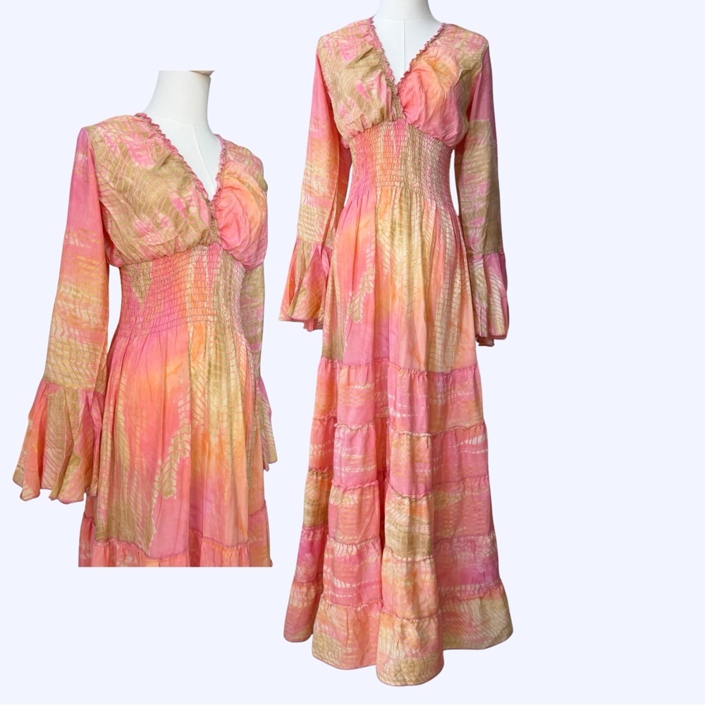 GORGEOUS Silk Blend Sunset Boho Fit and Flare Maxi Tiered Dress Flowy Sleeves OS